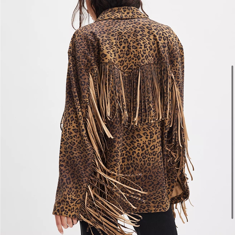 NEW We The Free Fringe Out Vegan Suede Animal Print Jacket Large